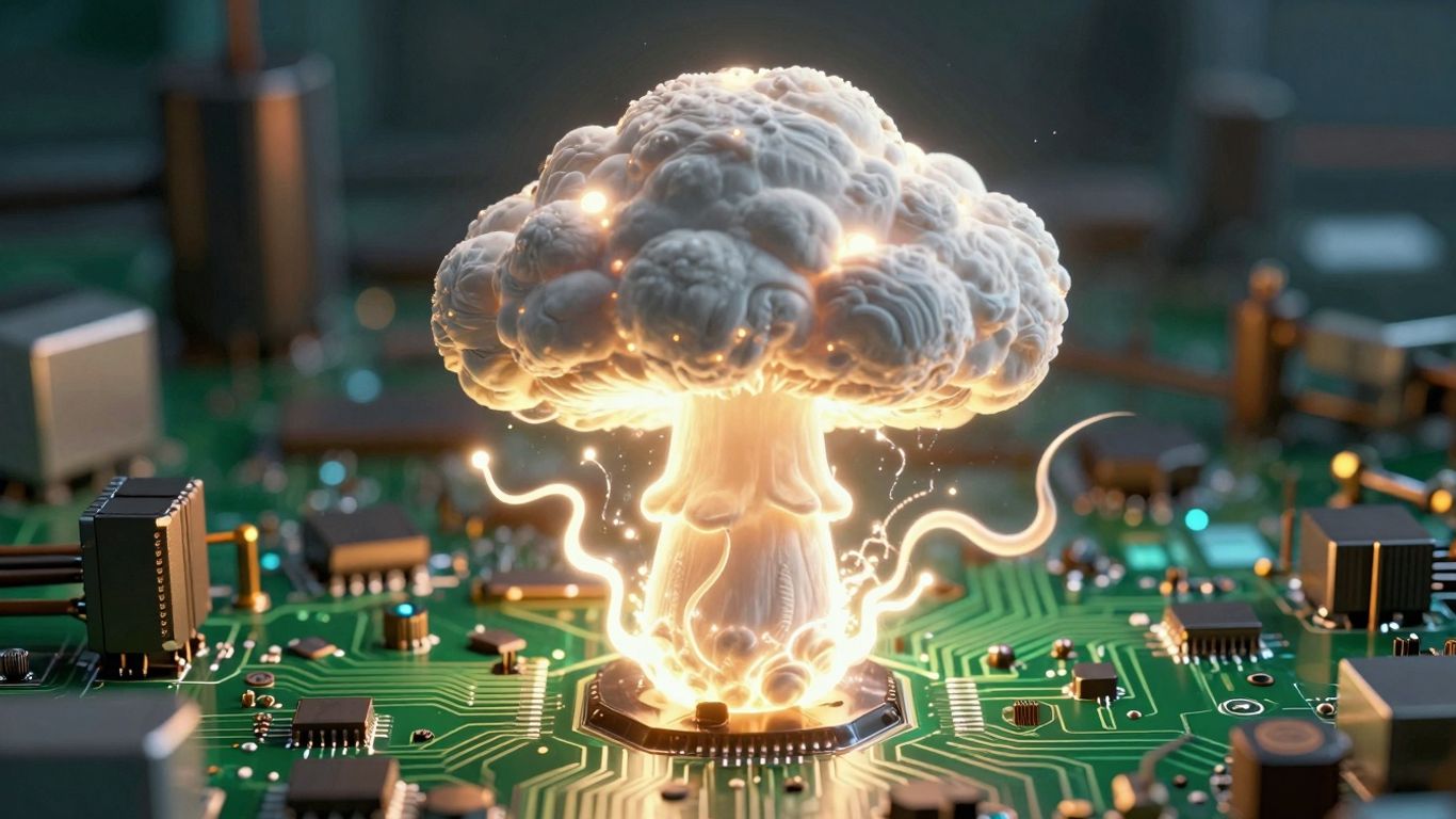 Mushroom cloud from circuit board, AI energy demand
