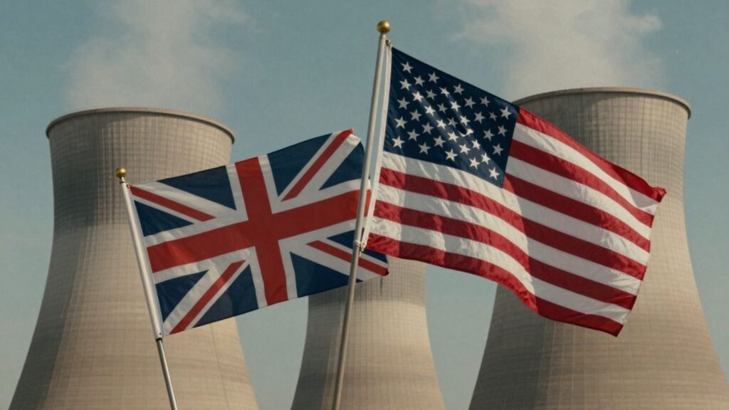 UK and US flags with nuclear power plant in background.