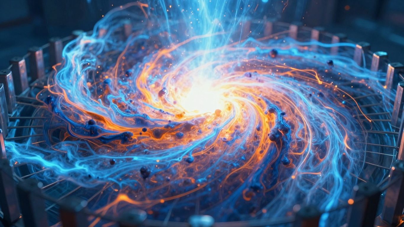 Abstract fusion reaction with bright plasma energy.