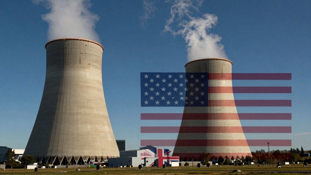 UK and US flags with nuclear reactor.