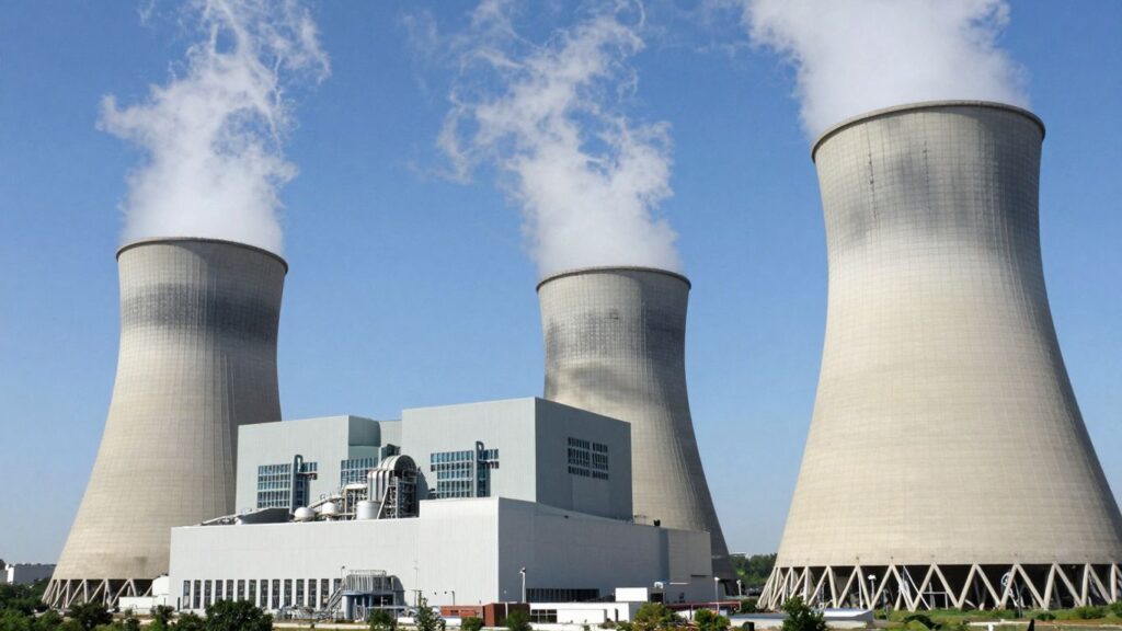 Nuclear power plant with cooling towers against a blue sky.