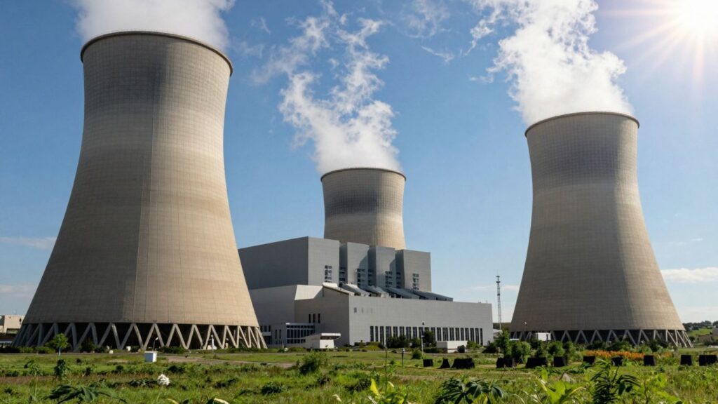 Nuclear power plant with cooling towers against a blue sky.