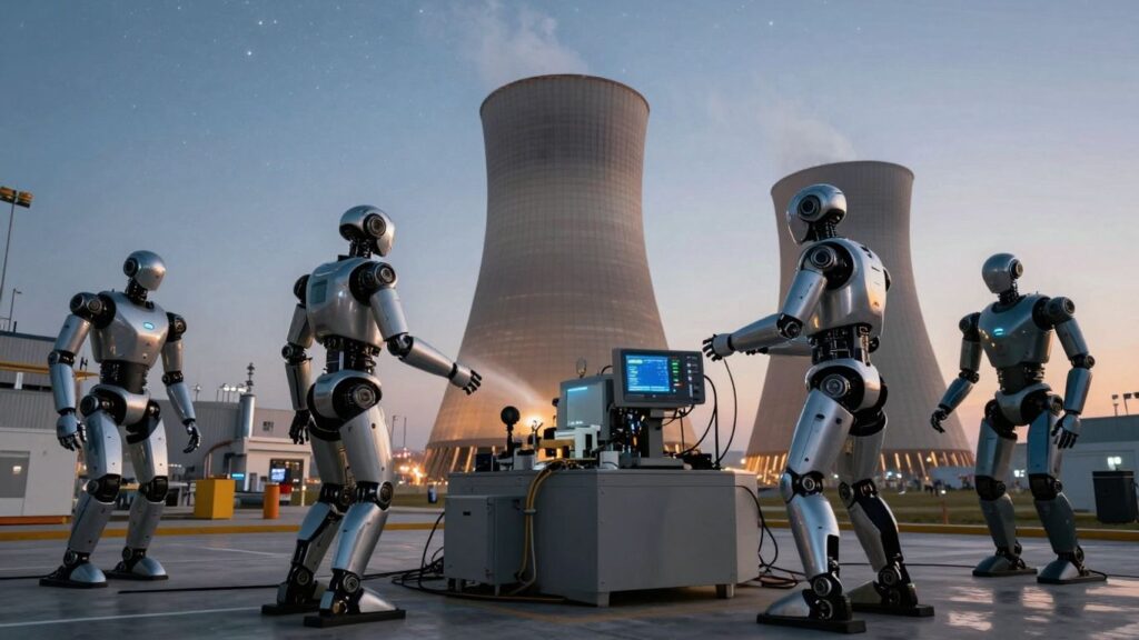 Futuristic nuclear plant with AI robots working.