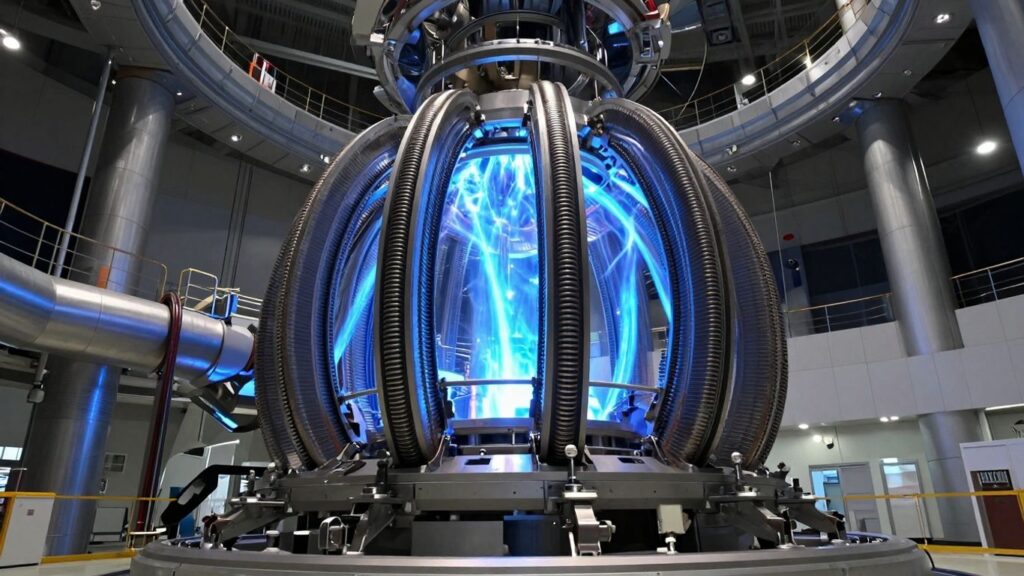 Futuristic fusion reactor core with glowing blue plasma.
