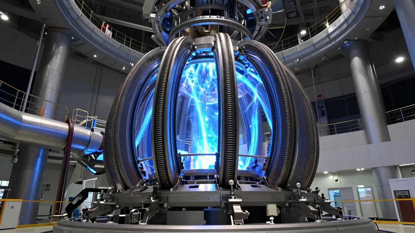 Futuristic fusion reactor core with glowing blue plasma.