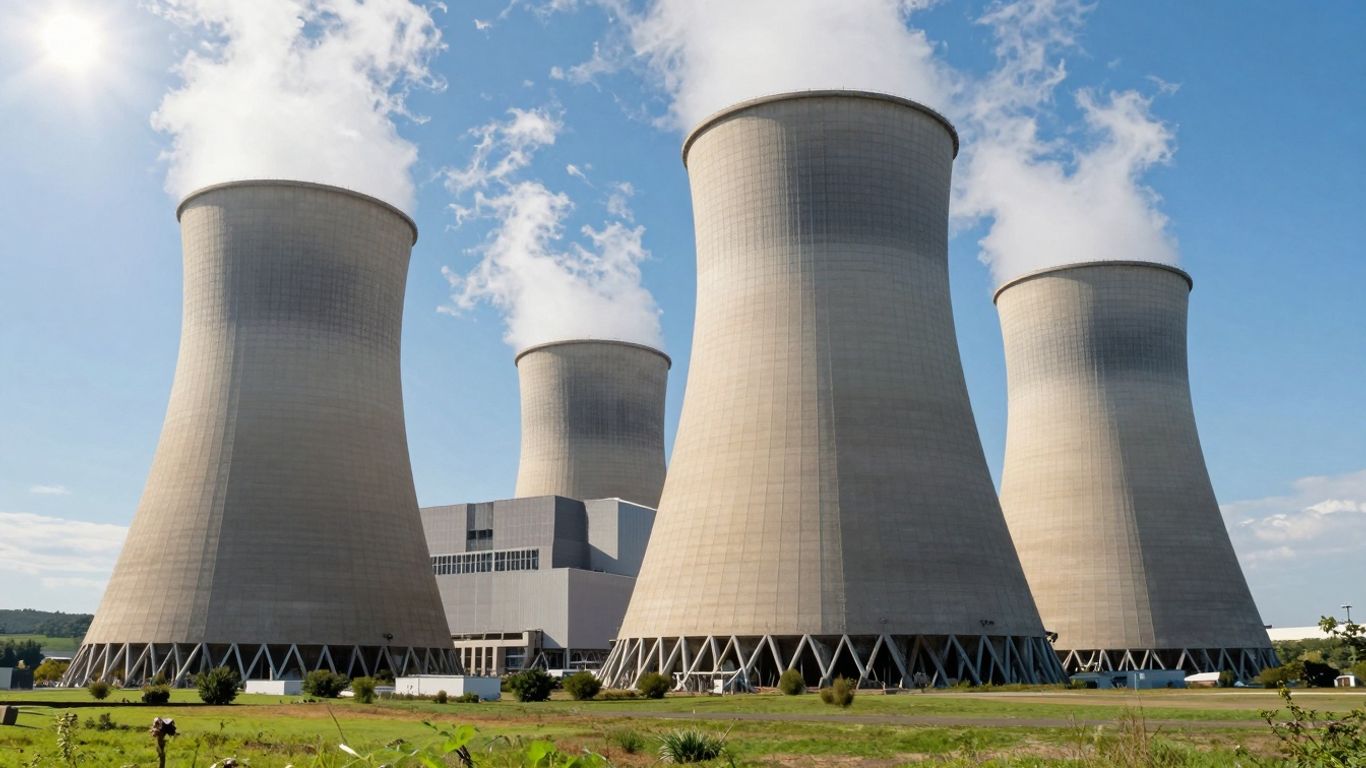 Nuclear power plant with cooling towers against a blue sky.