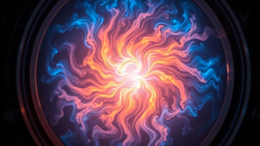 Swirling plasma energy in a futuristic fusion reactor.