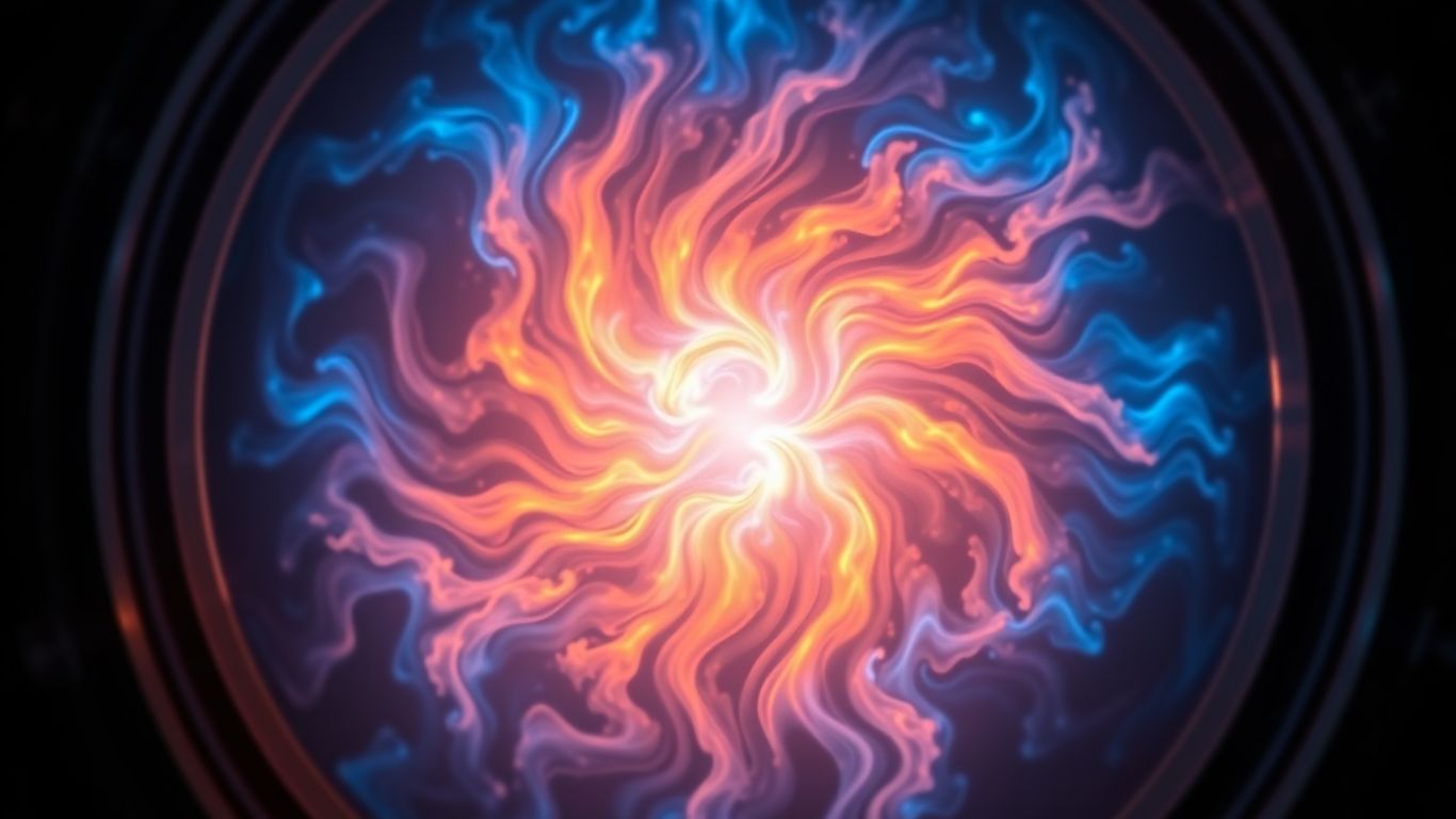 Swirling plasma energy in a futuristic fusion reactor.