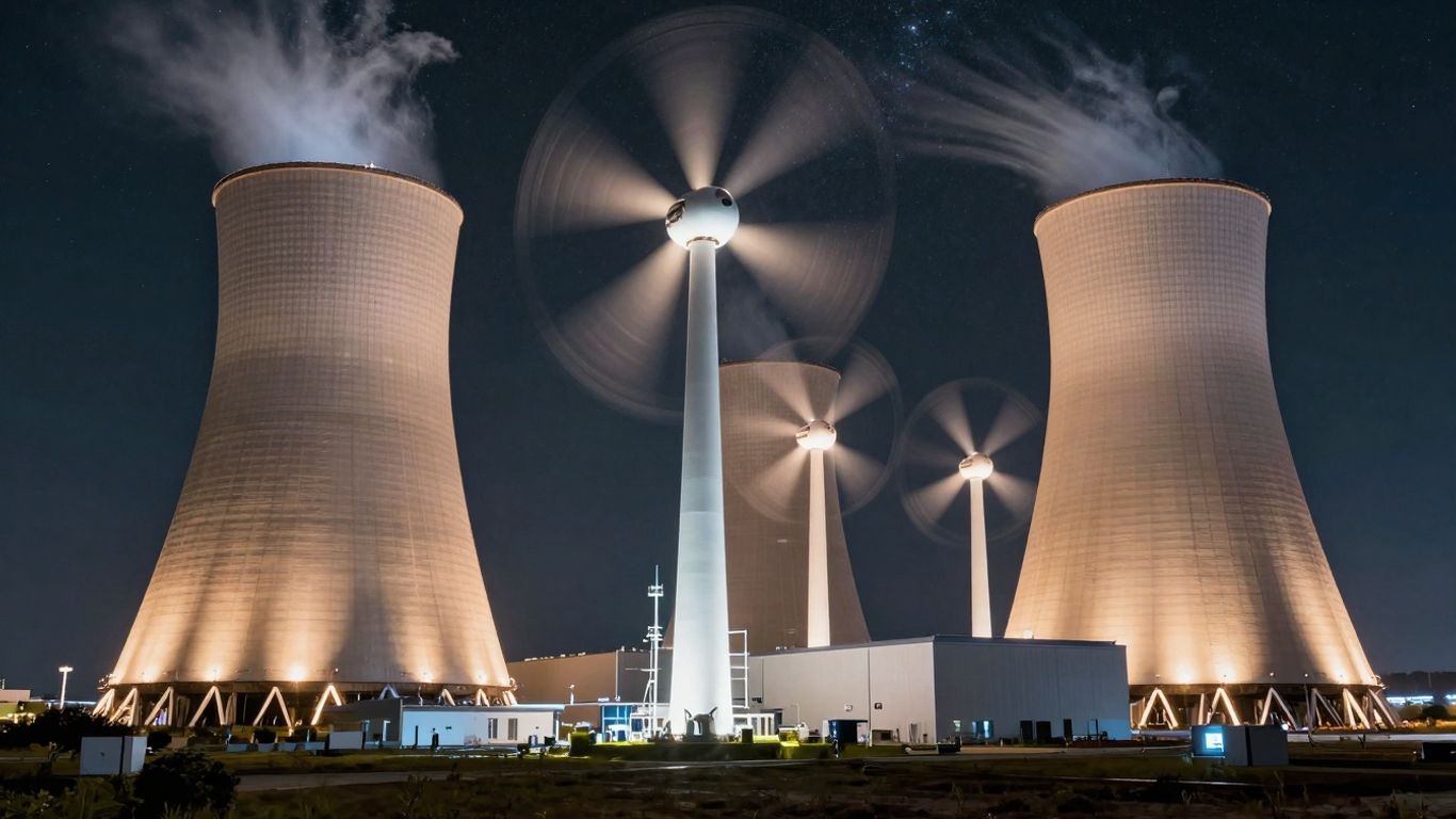 Futuristic nuclear power plant with AI integration and policy influence.