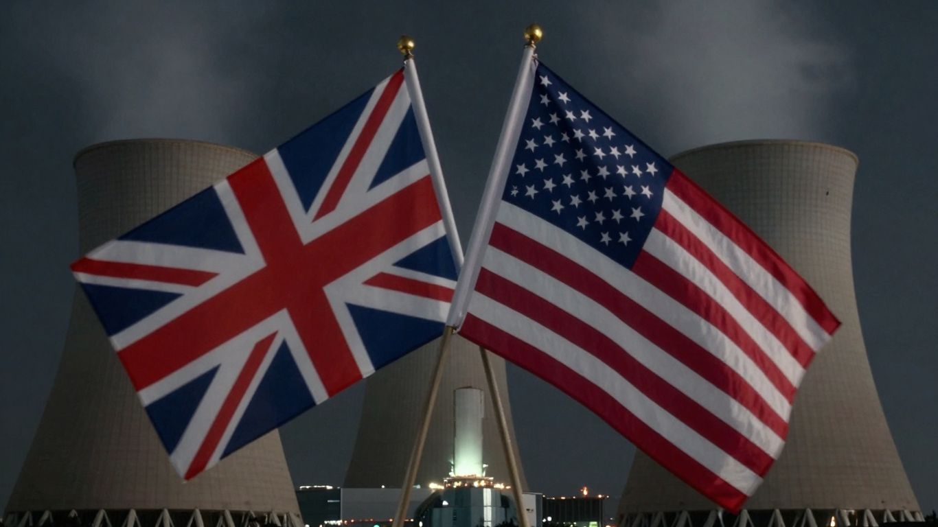 UK and US flags united over nuclear power plant.