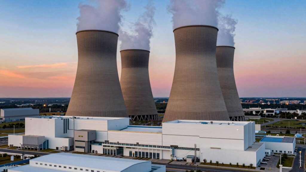 Nuclear power plant at sunset, clean energy future.