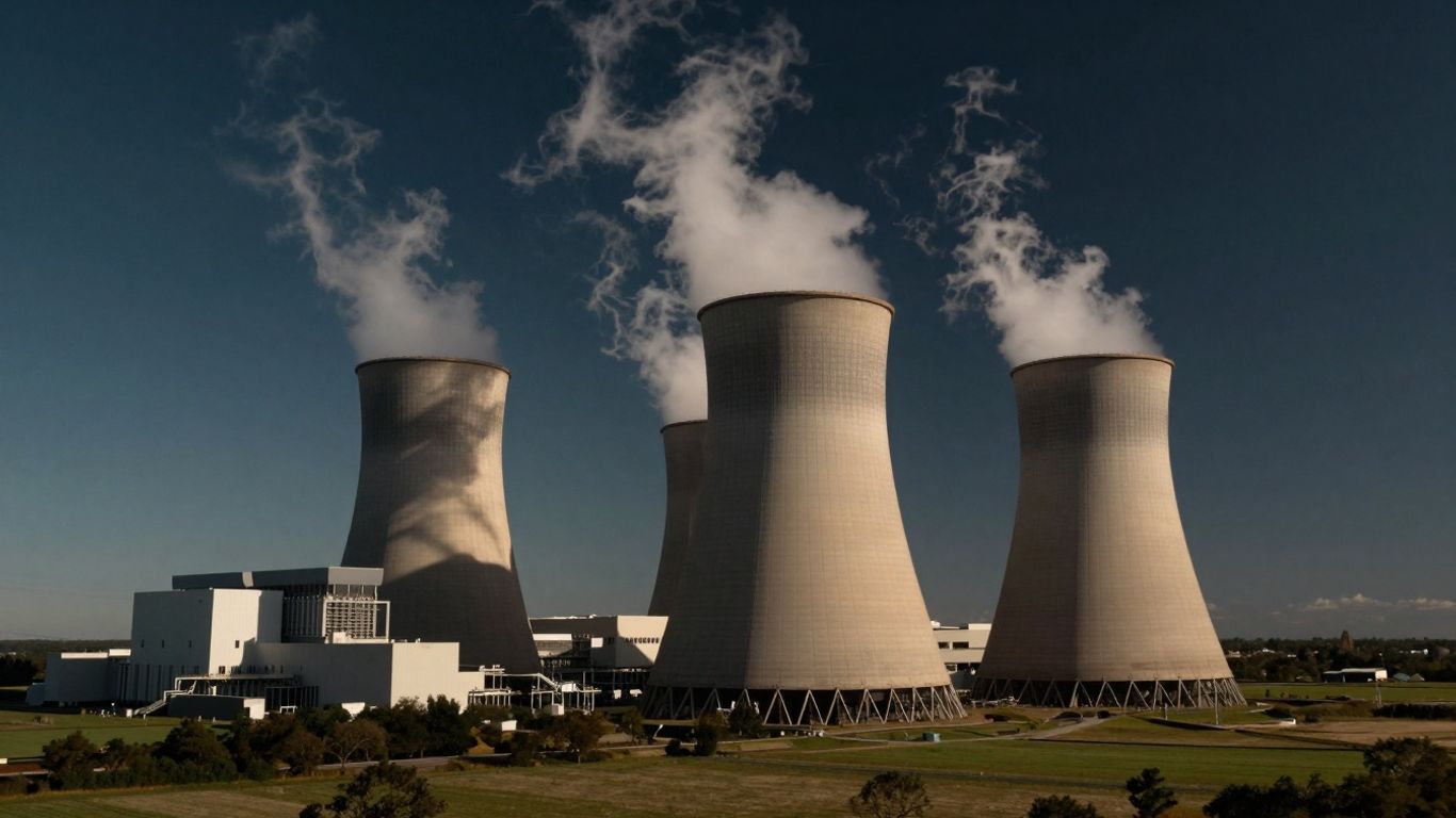 Nuclear power plant with steam rising against blue sky.