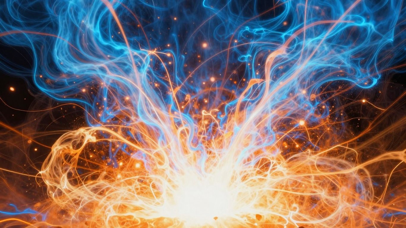 Abstract fusion reaction with bright plasma and emanating light.