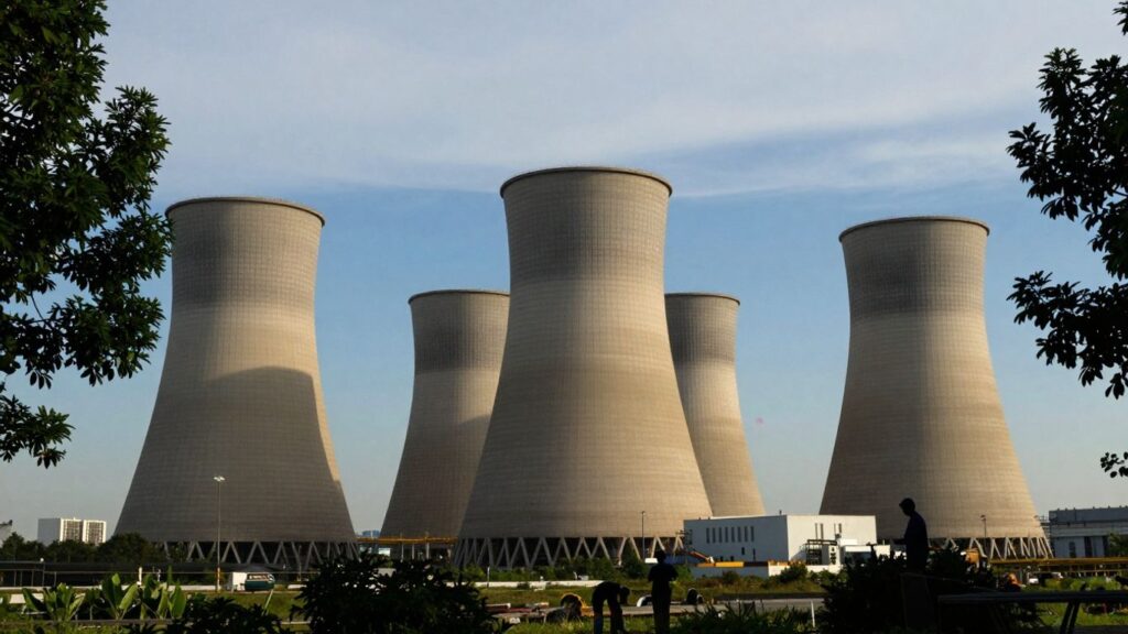Nuclear power plant with workers and sunrise.