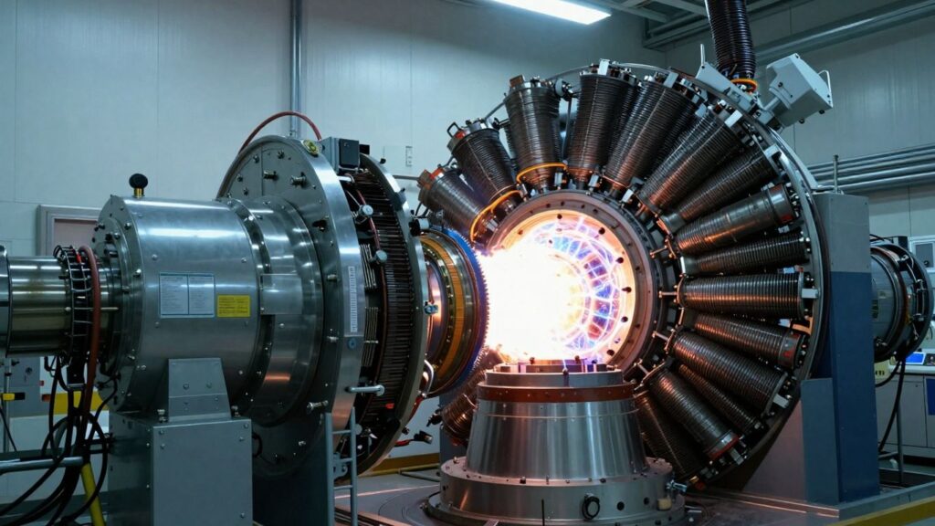 Fusion power plant interior with plasma and magnets.