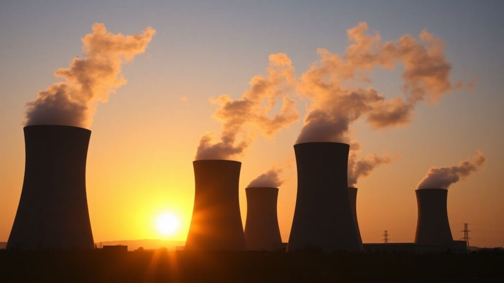 Nuclear power plant with cooling towers at sunset.