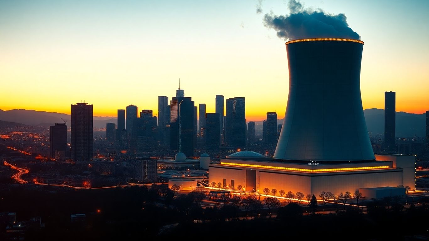 Silicon Valley skyline with nuclear power plant powering AI.