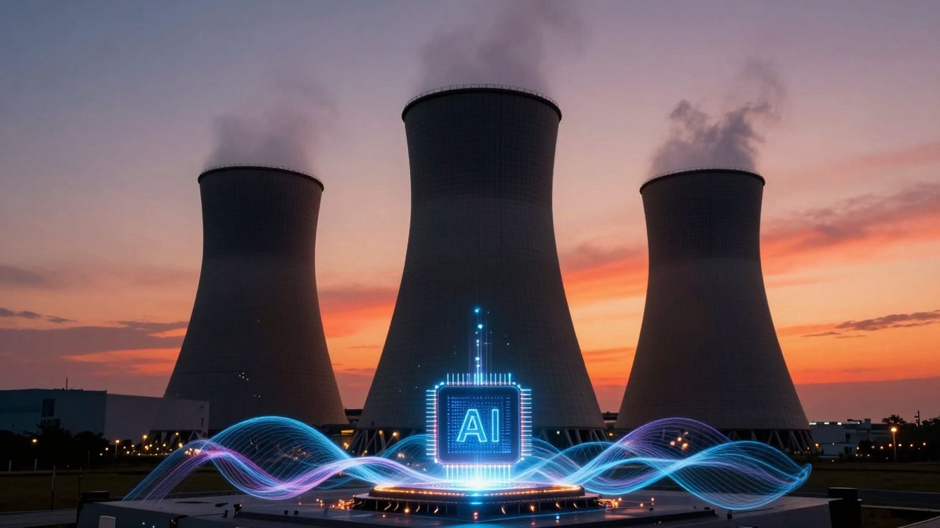 Nuclear power plant and AI chip with energy waves.