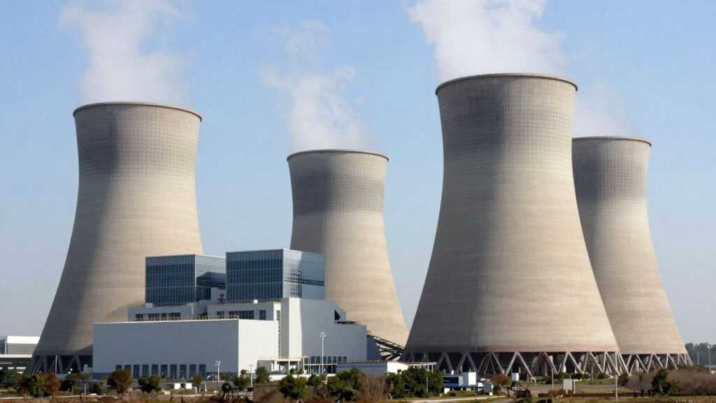 Modern nuclear power plant with cooling towers and reactors.