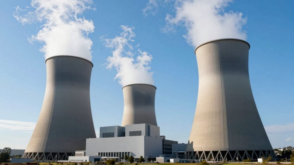 Nuclear power plant with cooling towers against a blue sky.