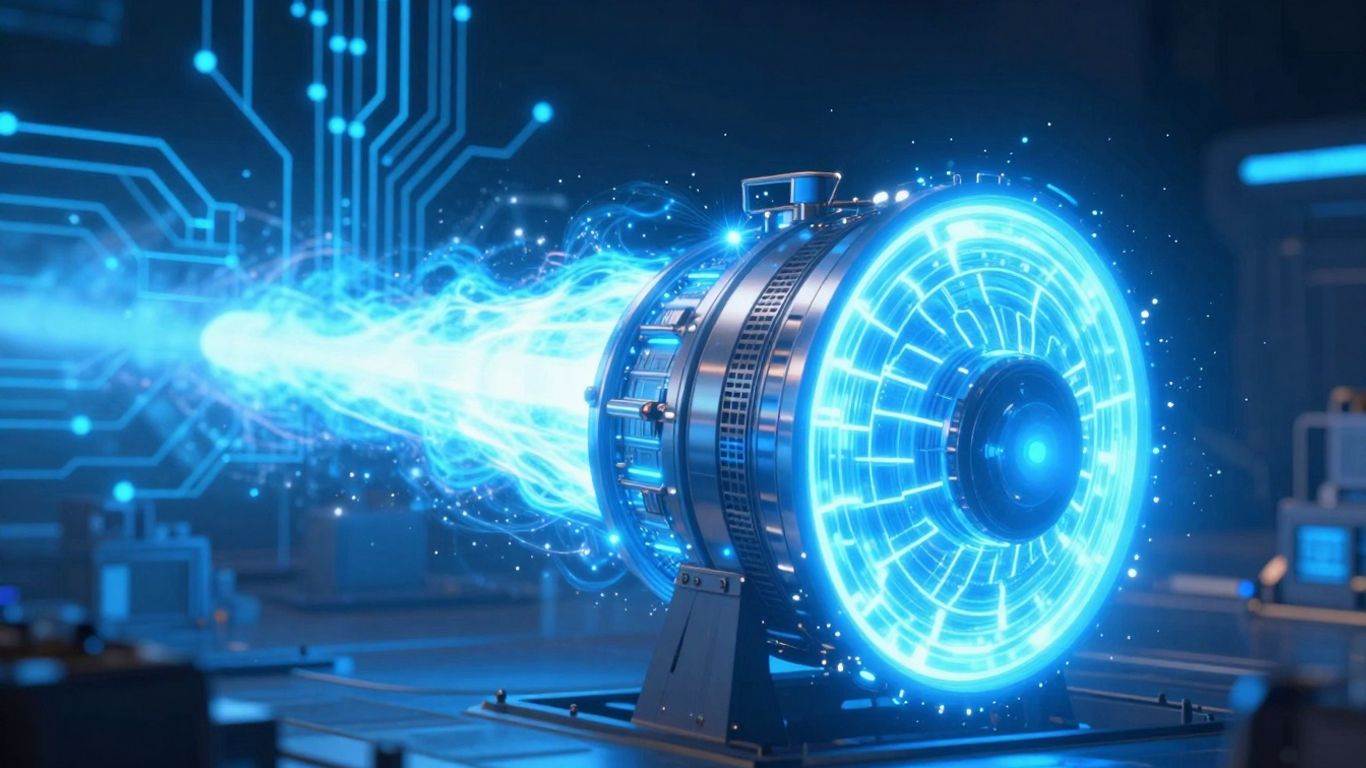 Nuclear reactor core with AI circuits in background.