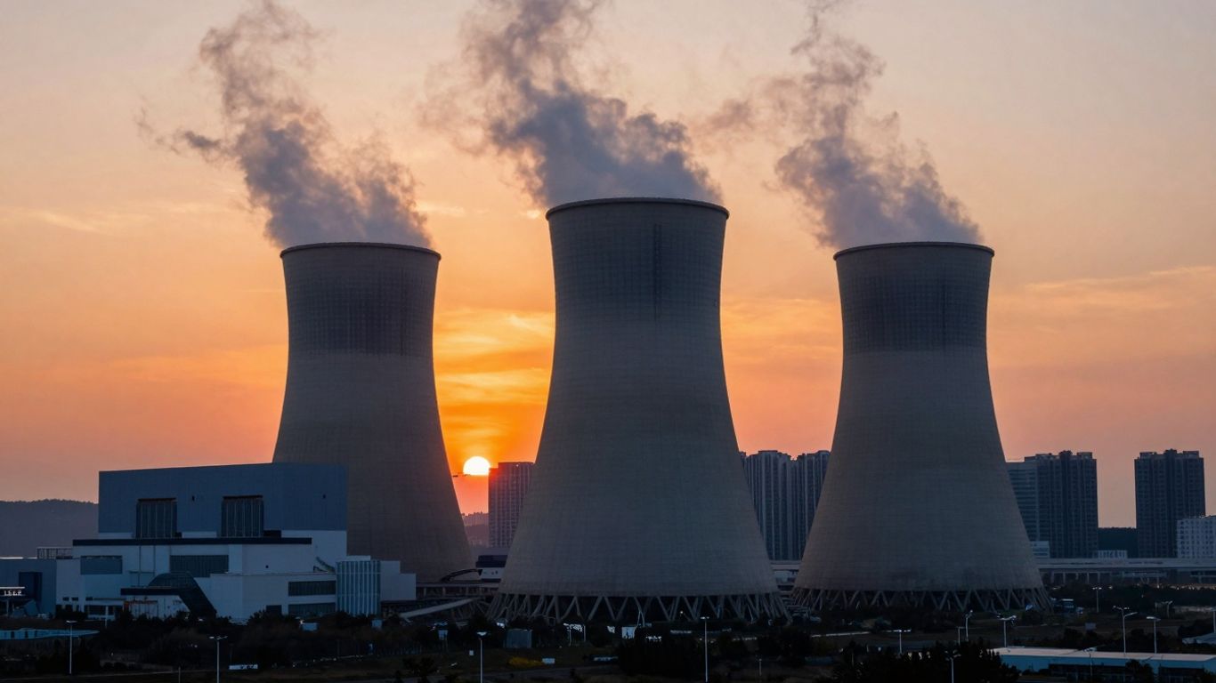 Nuclear power plant against a sunset with city skyline.