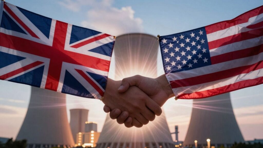 UK and US flags with nuclear power plant and handshake.