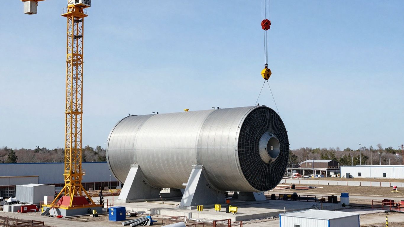 Ontario SMR construction site with cranes and reactor components.