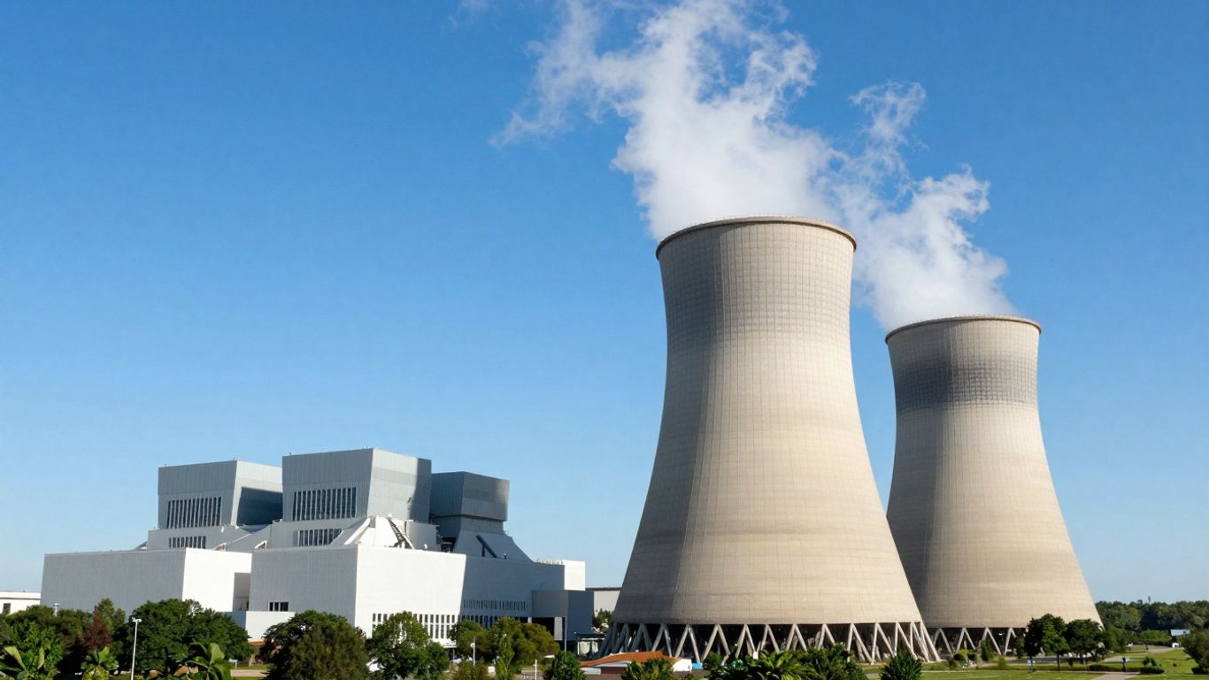 Nuclear power plant with cooling towers against blue sky.