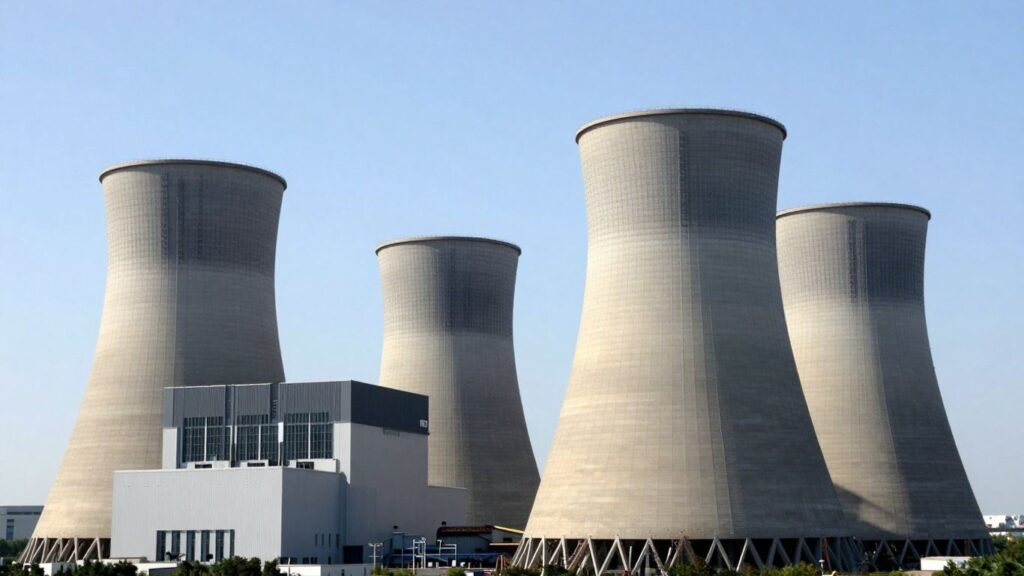 Modern nuclear power plant with cooling towers and reactor buildings.