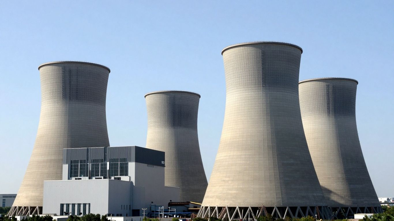 Modern nuclear power plant with cooling towers and reactor buildings.