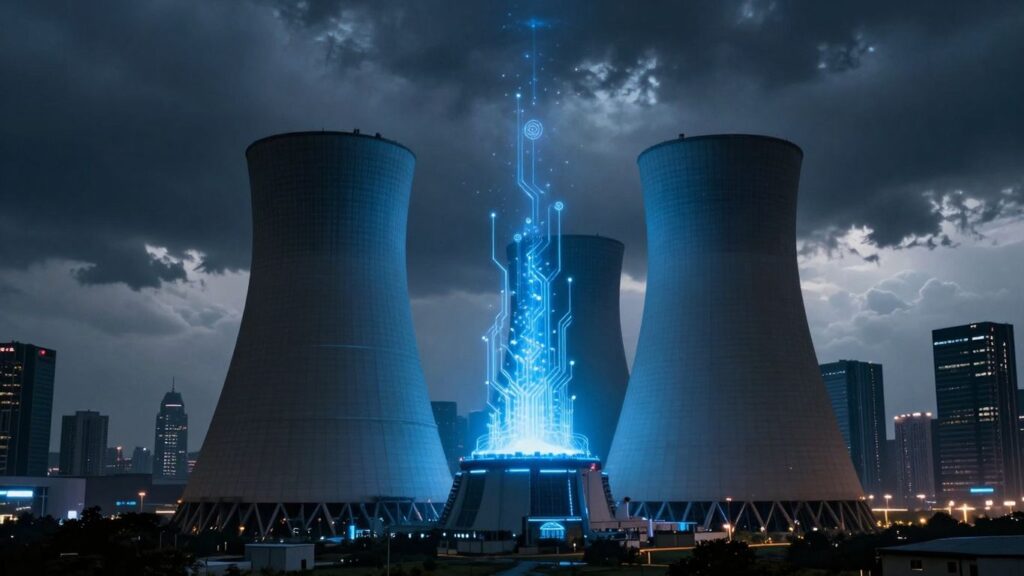 Nuclear power plant powering a futuristic tech city.