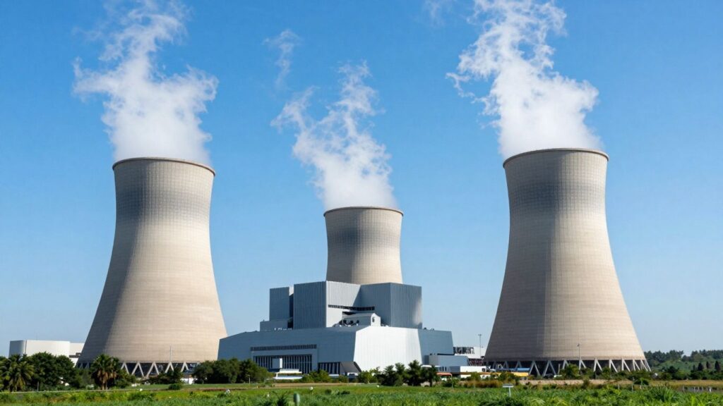 Nuclear power plant with cooling towers against blue sky.
