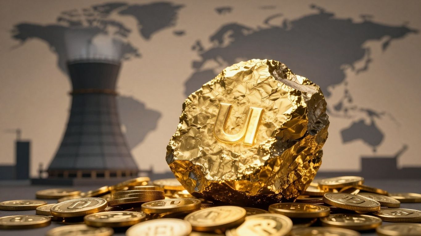 Uranium ore and gold coins with nuclear reactor and world map.