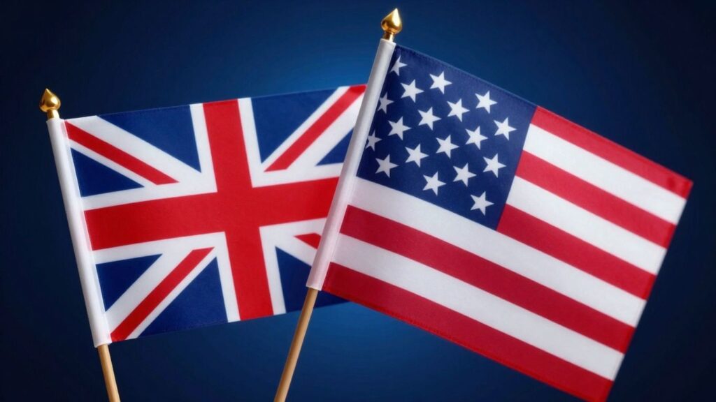 UK and US flags united, nuclear power glow.