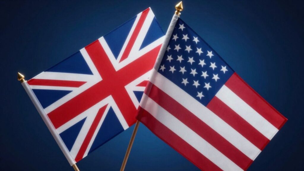 UK and US flags united, nuclear power glow.