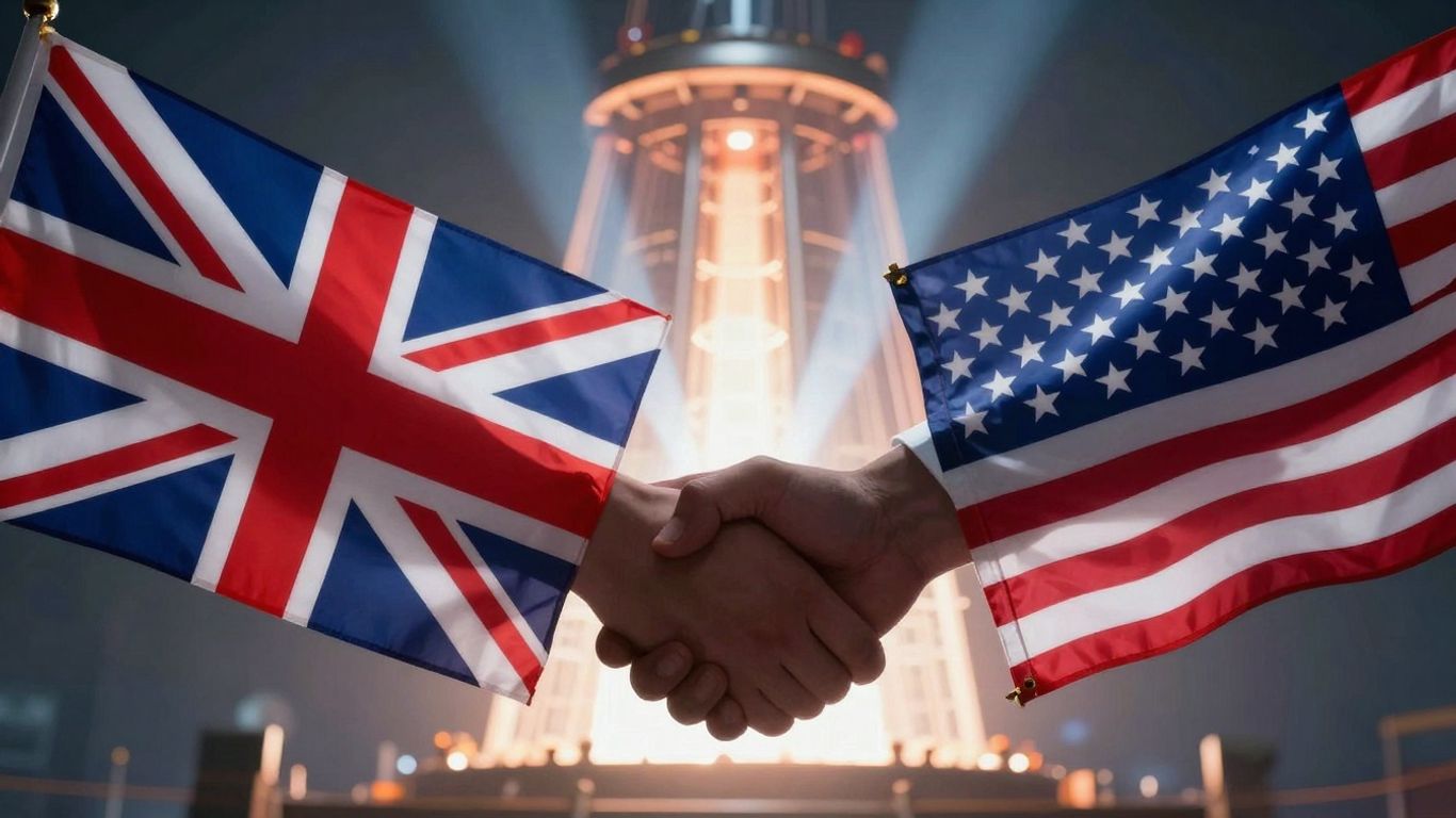 UK and US flags, nuclear reactor, handshake.