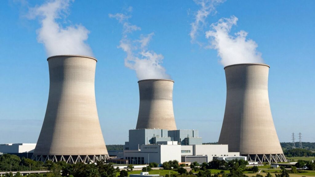 Nuclear power plant against a blue sky.