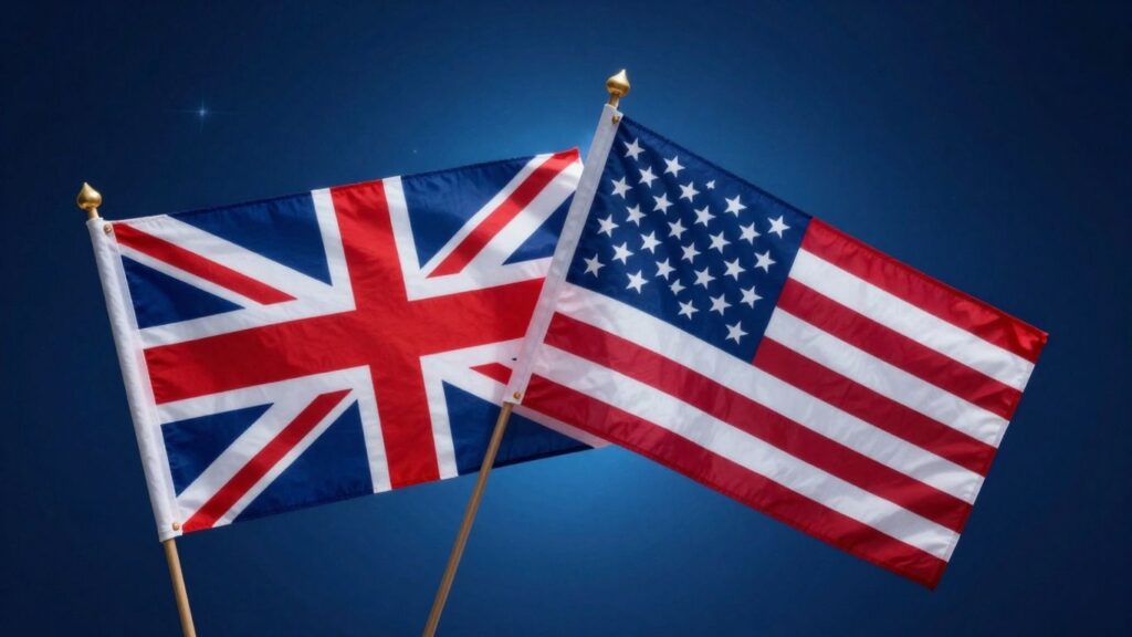UK and US flags united, nuclear energy glow.