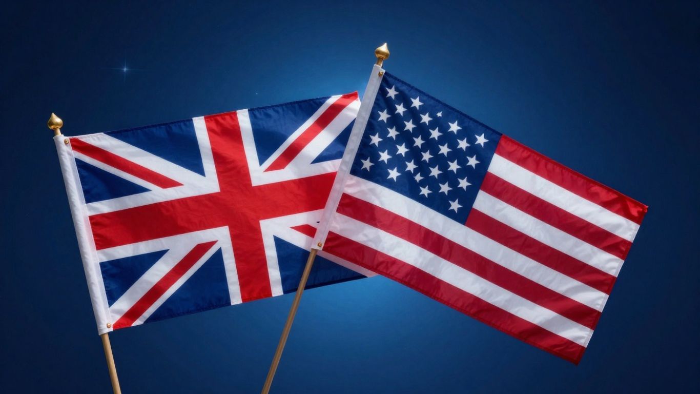 UK and US flags united, nuclear energy glow.
