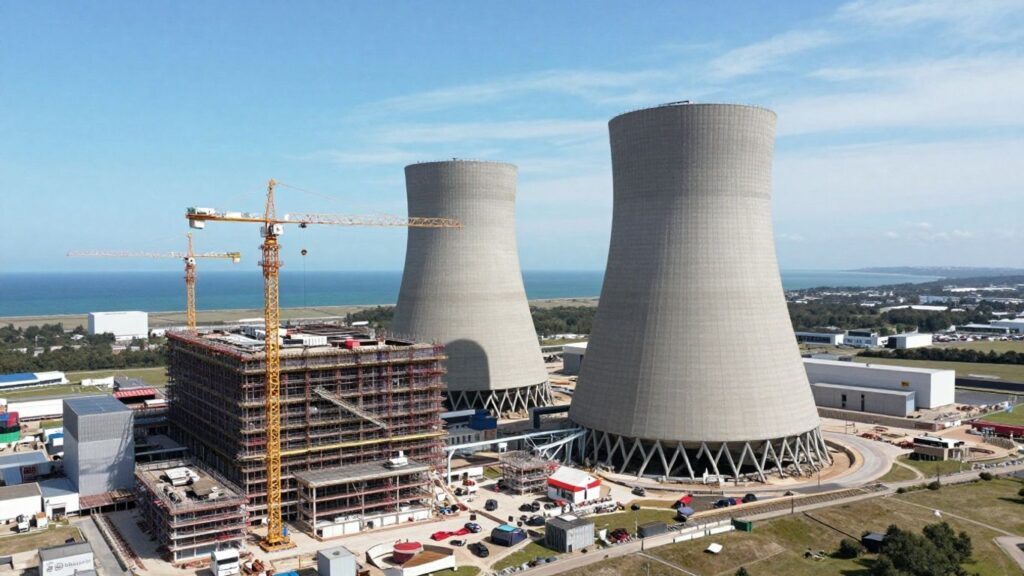 Sizewell C nuclear power station construction site with cranes.