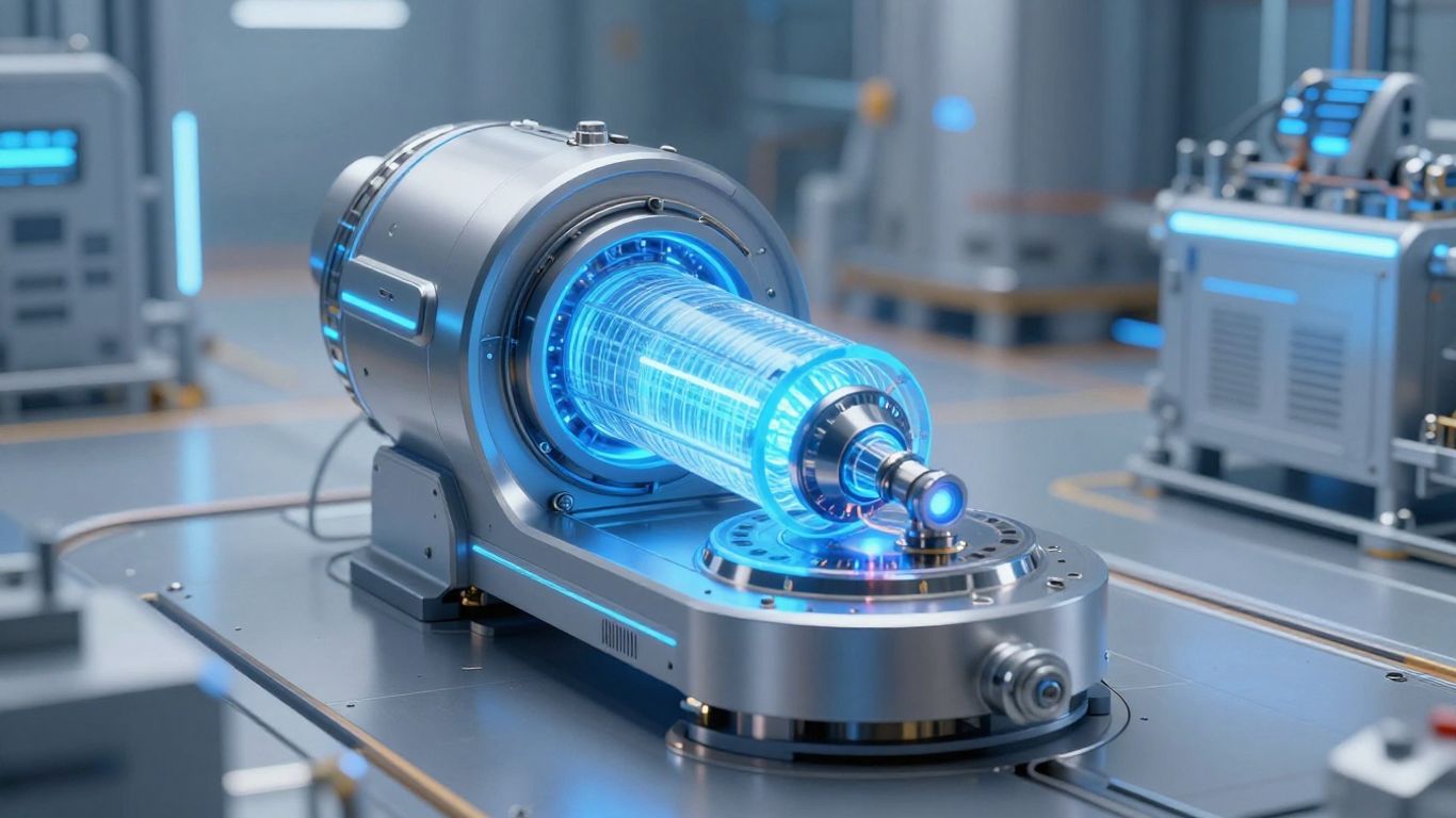 Futuristic small modular nuclear reactor design glowing with blue light.