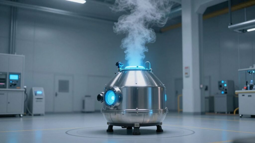 Futuristic small modular nuclear reactor glowing blue.