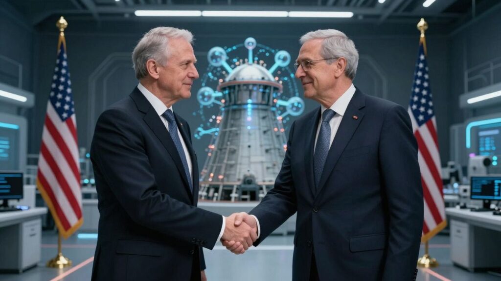 Leaders shake hands with nuclear and AI drug imagery.