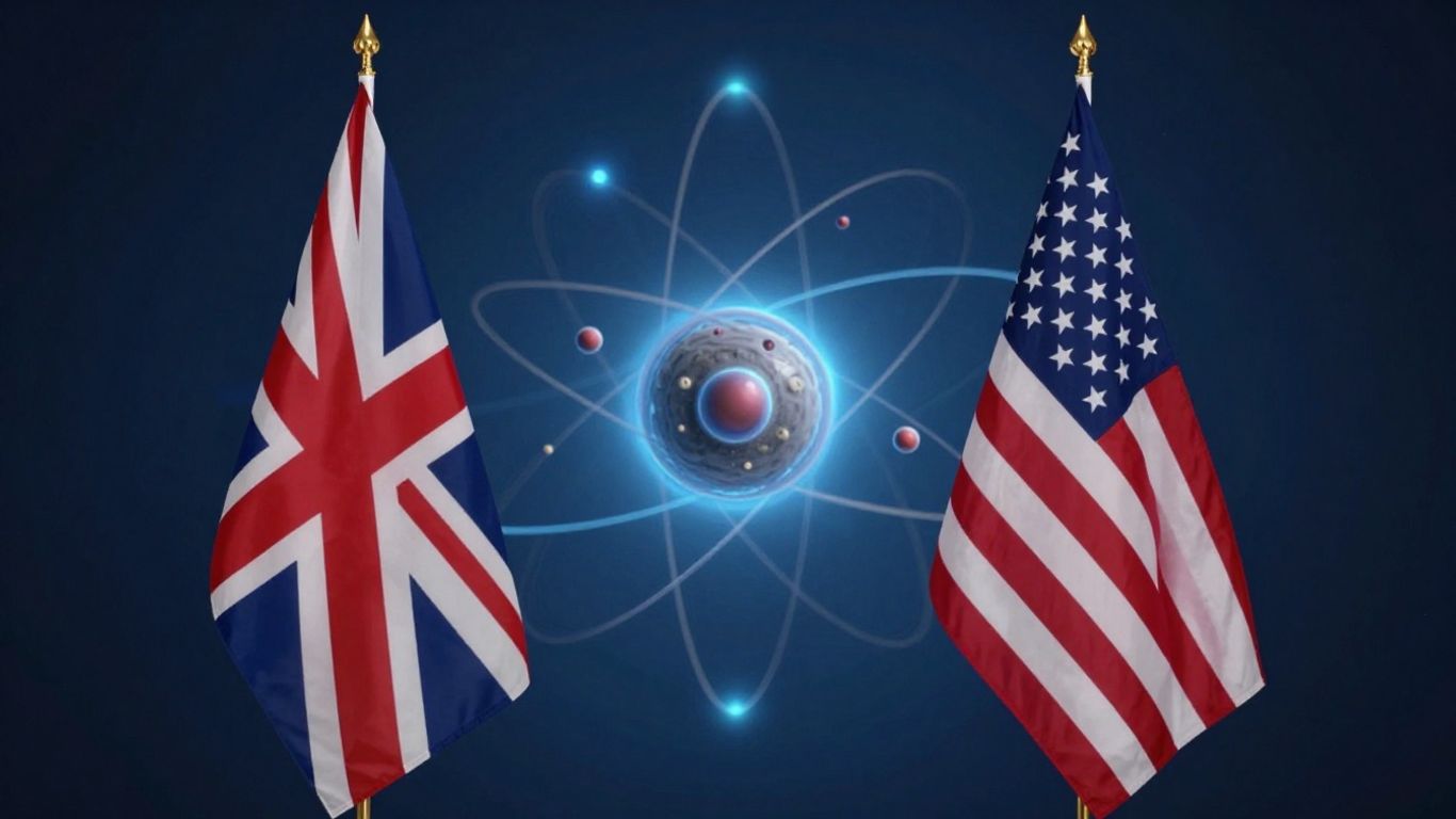UK and US flags with nuclear energy symbol.