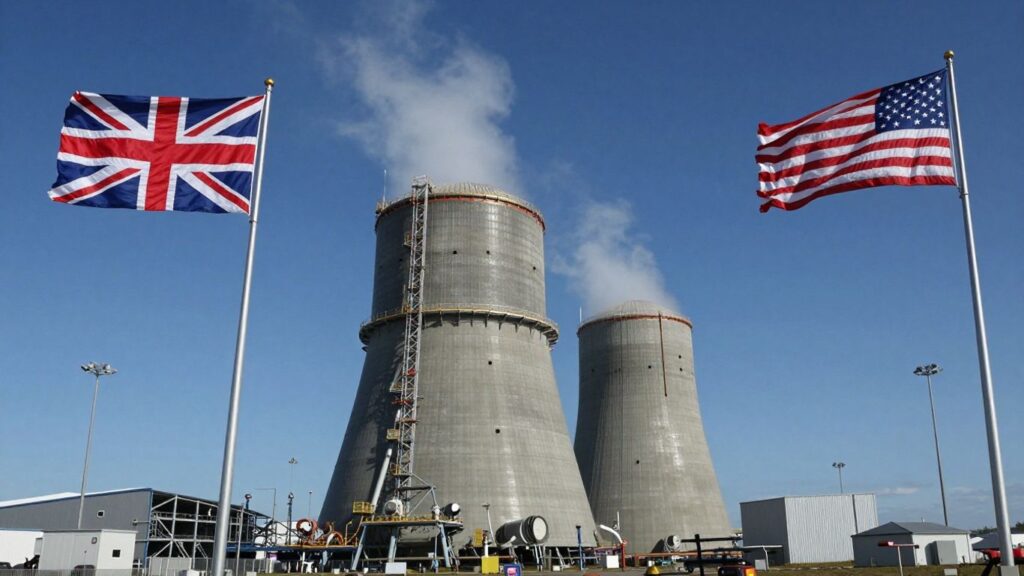 UK and US flags with Sizewell C nuclear power plant.
