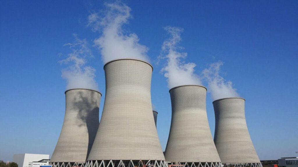 Sizewell C nuclear power plant with cooling towers.