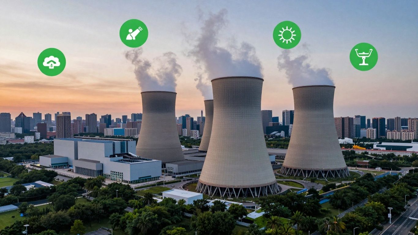 Futuristic nuclear plant near New York City skyline