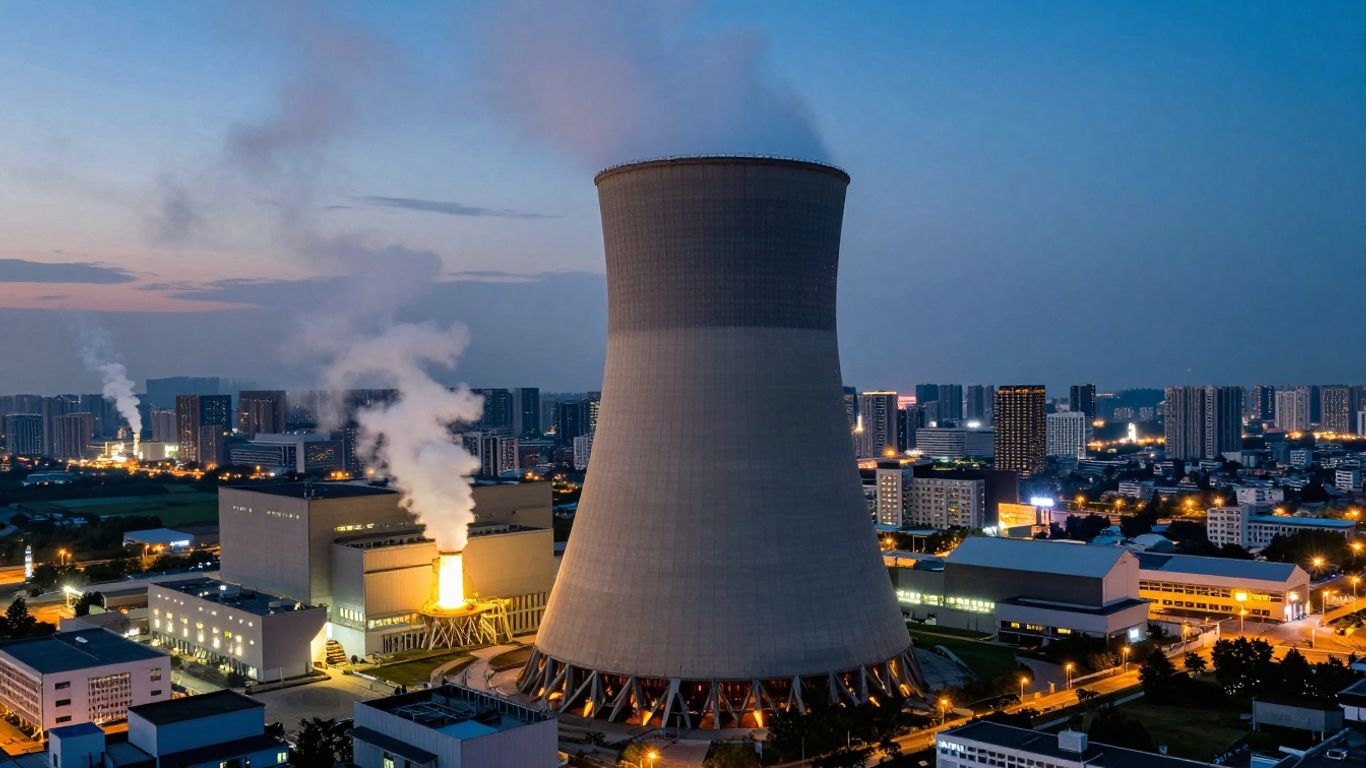 Nuclear power plant glowing against a city skyline.