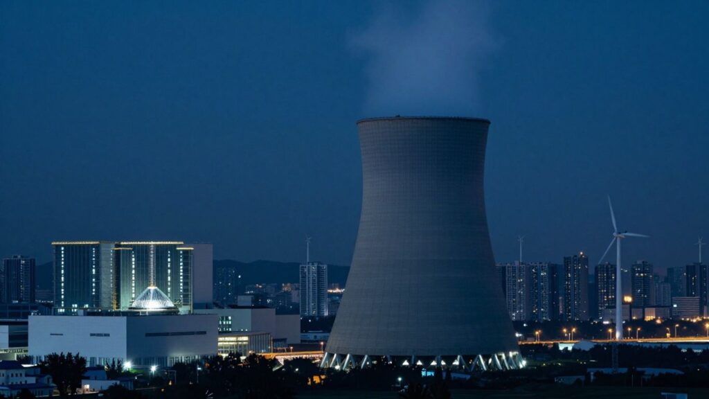 Nuclear power plant glowing against a city skyline.